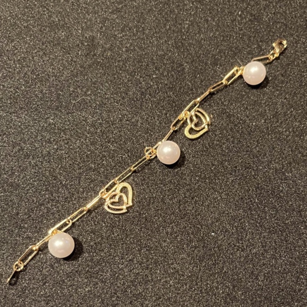 Gold Plated Charm Bracelet - Pearl Hearts paperclip
